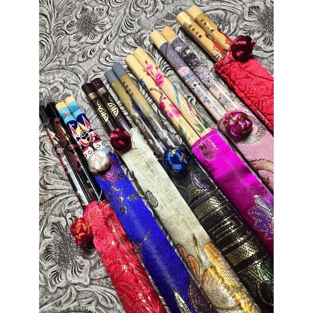 Vintage‎ Asian Bamboo Chopsticks Set of 7 Silk Brocade Sleeves Hand Painted 9in!